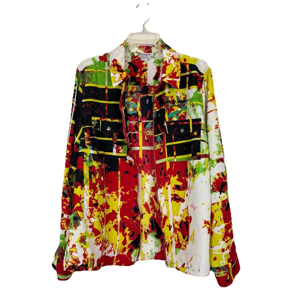 Tracy M. Womens Vibrant Multicolor Roll up Long Sleeve Jacket Top Sz XL Art EUC